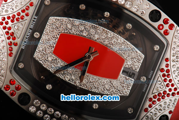 Richard Mille RM007 Silver Case with Diamond Hour Markers-Diamond Bezel and Red Leather Strap - Click Image to Close